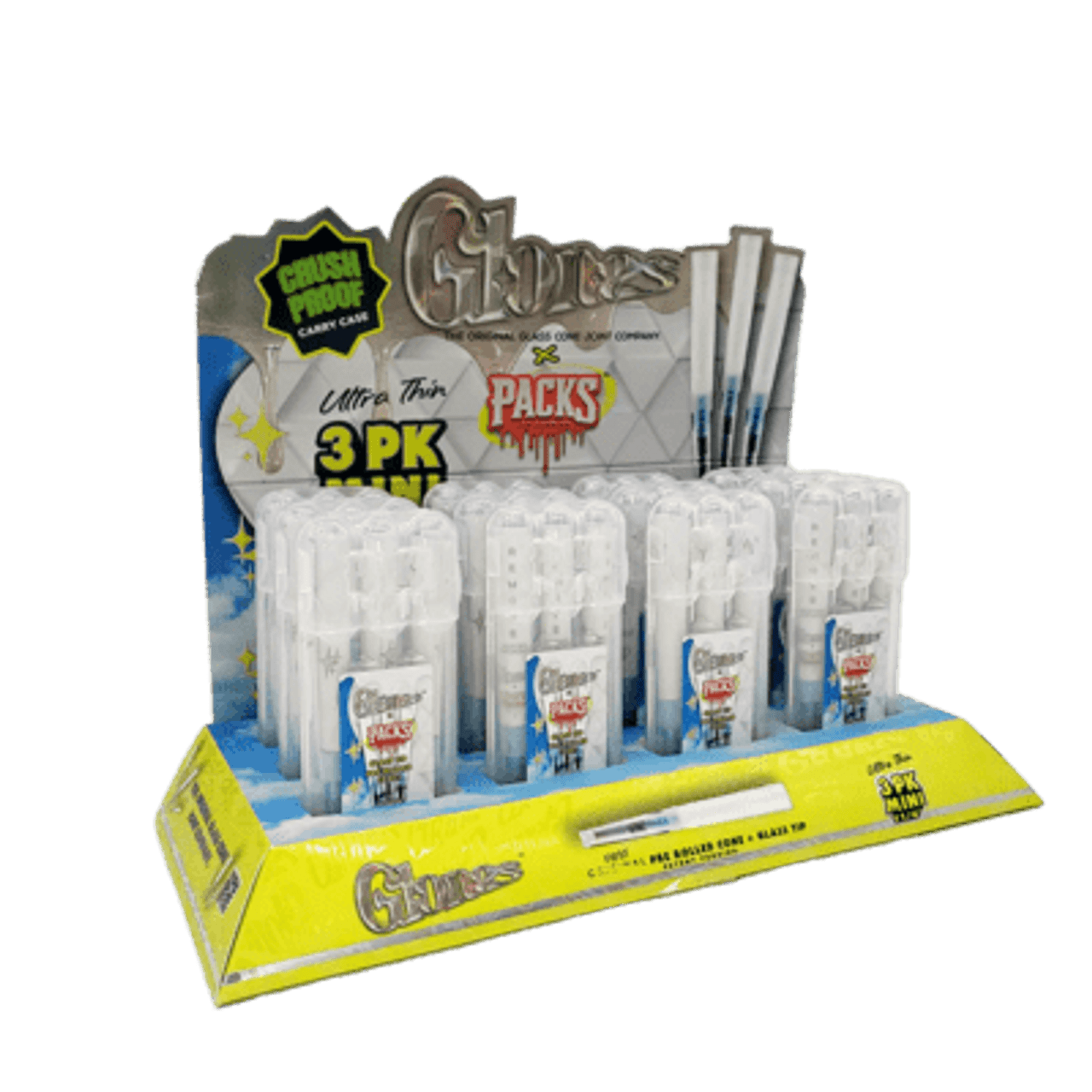 GLONES Ultra Thin Pre-Rolled GLASS Cones 1 1/4 Size | 12 packs of 3 Cones | Retail Display