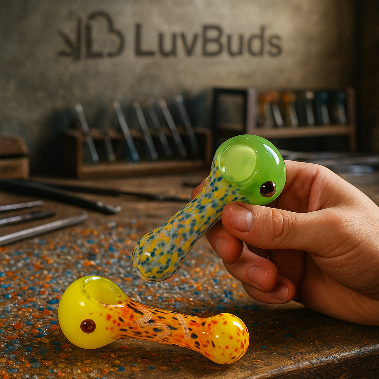 LuvBuds - 4.5" Latticinio Frit Color Capped Spoon, Assorted Colors May Vary (Generated with AI which can make mistakes) LuvBuds - 4.5" Latticinio Frit Color Capped Spoon, Assorted Colors May Vary (Generated with AI which can make mistakes)
