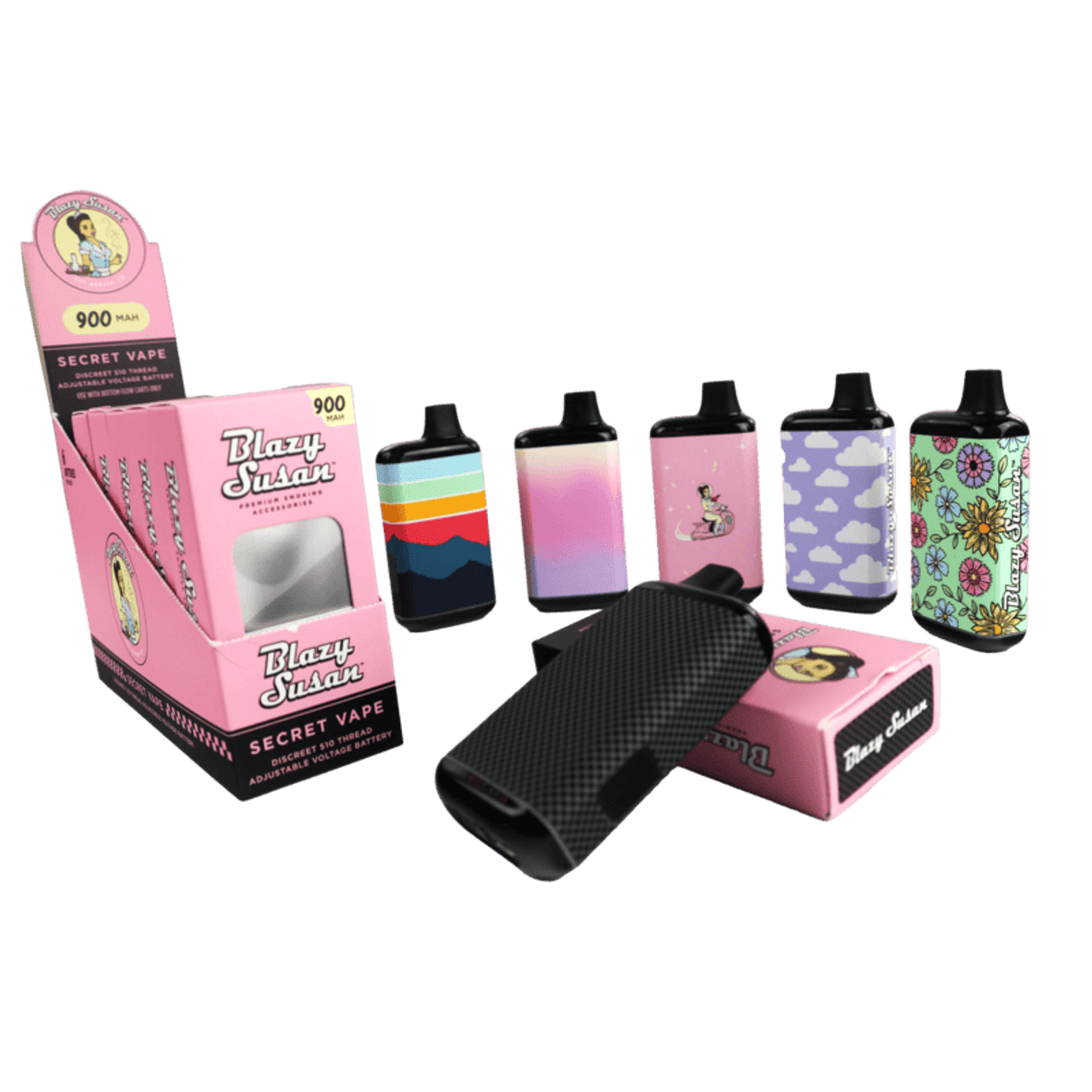 Blazy Susan - 6pk 1000mAh Secret Box Auto Draw Variable Voltage Battery, NEW Assorted Colors 2.0, Retail POP Display