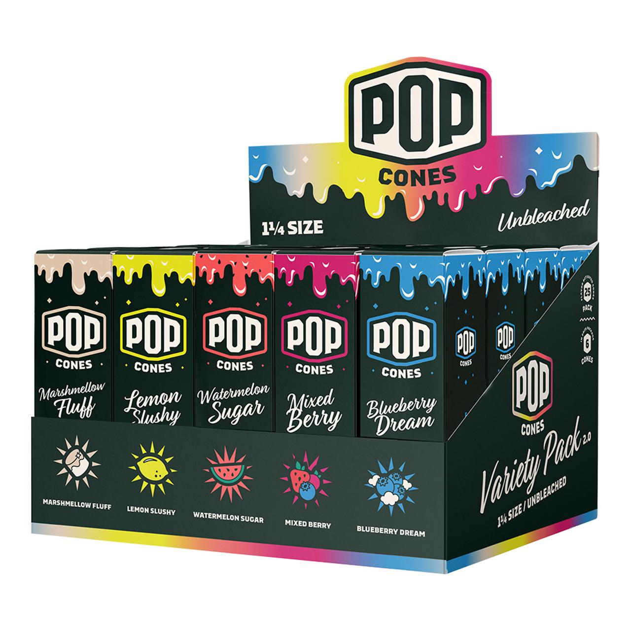 Pop Cones - 25pk UNBLEACHED 1 1/4 Size Pre-Rolled Cones, Variety 2.0 Pack, Retail Display Pop Cones - 25pk UNBLEACHED 1 1/4 Size Pre-Rolled Cones, Variety 2.0 Pack, Retail Display