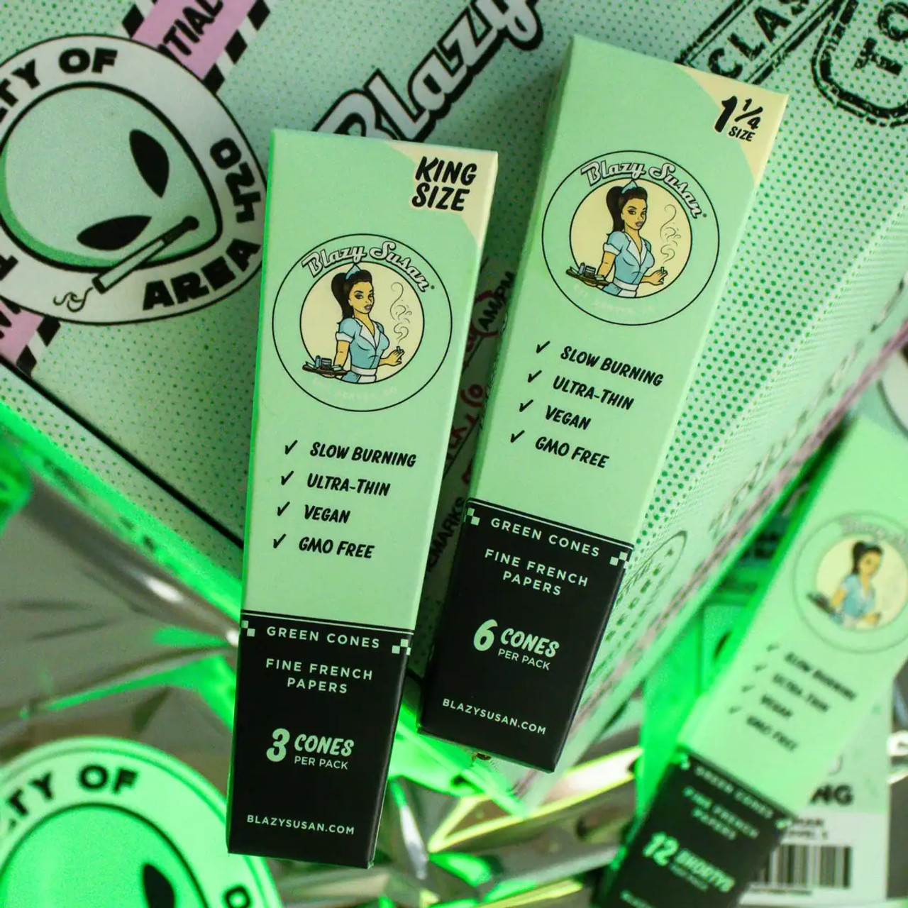 Blazy Susan - 21pk Green Cones, King Size, 3ct (1 1/4 Size Pictured as well) Blazy Susan - 21pk Green Cones, King Size, 3ct (1 1/4 Size Pictured as well)