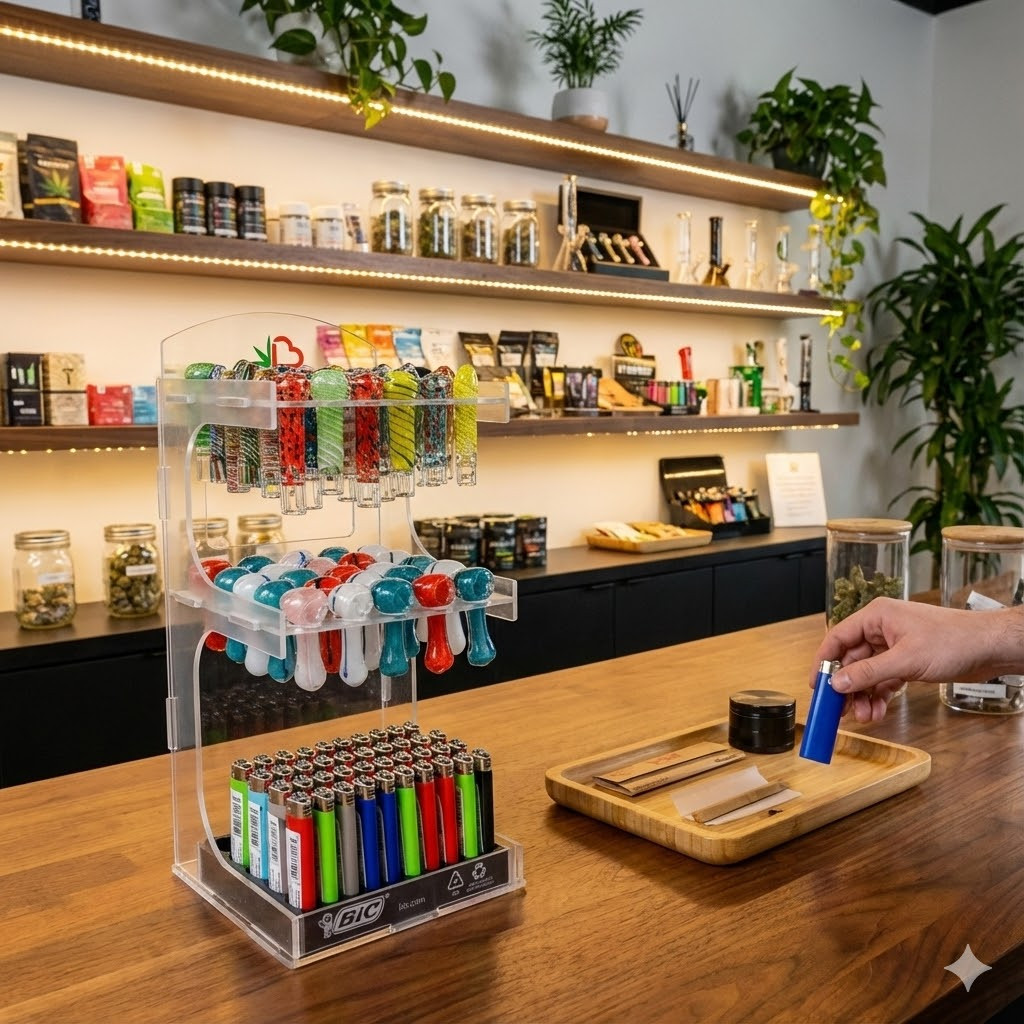 LuvBuds - POS Pipe Display, 100 Pipes and 100 Chillums Included, Retail Display (Generated with AI which can make mistakes)