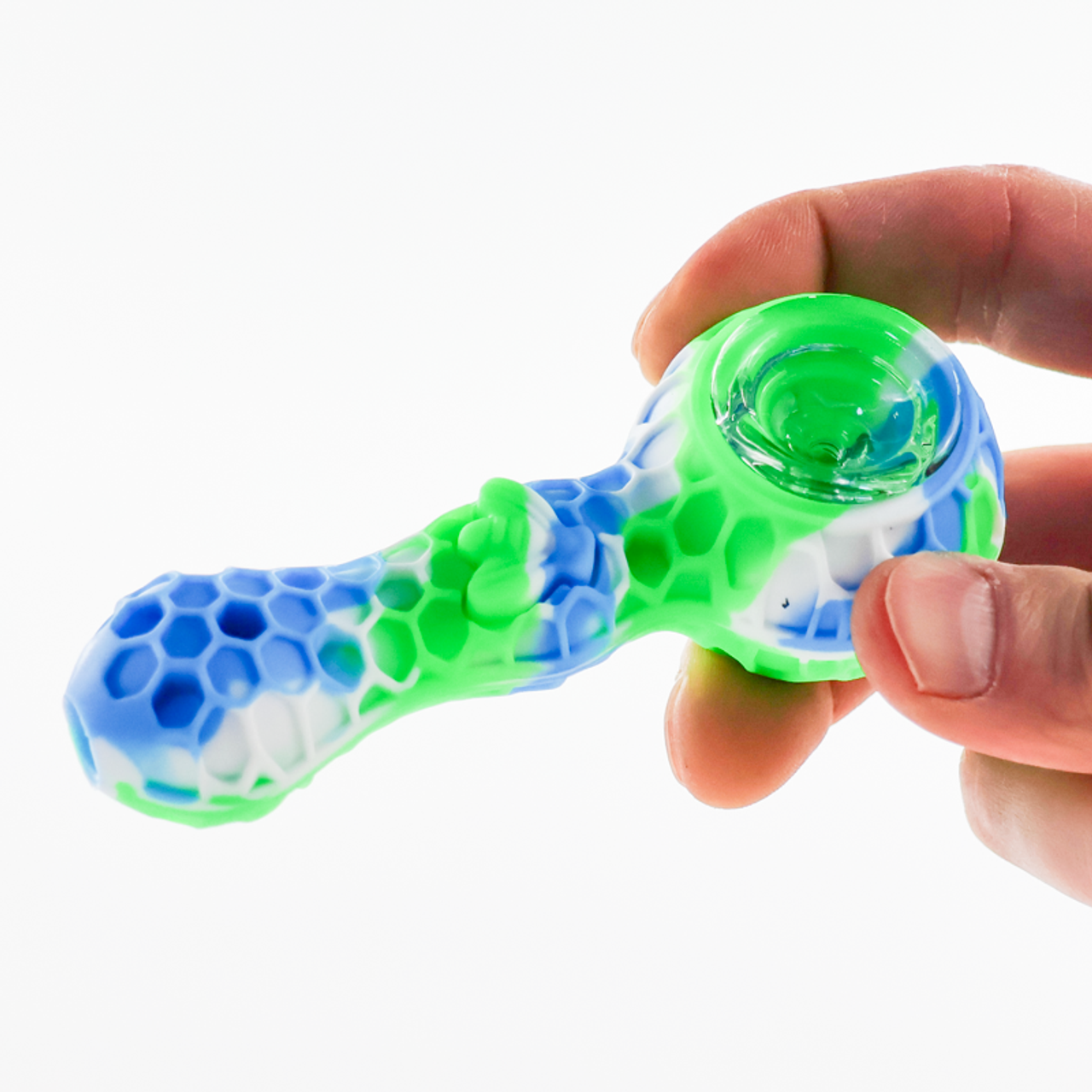 4.25" Silicone Hand Pipe With Glass Bowl, Storage, and Dabber | Assorted Colors and Styles