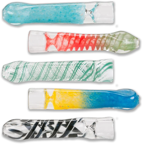 LuvBuds - 3 inch Bulk Chillums, short glass one-hitter hand pipes in assorted colors and striped patterns.