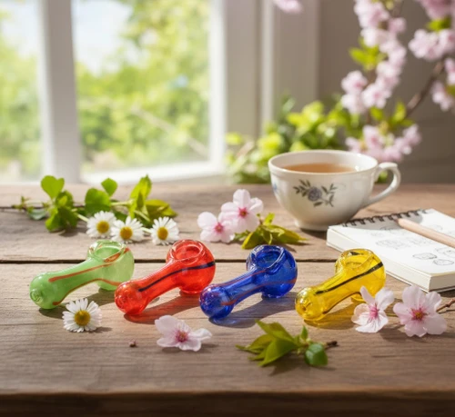 LuvBuds 2.5 Inch Bulk Hand Pipes, assorted colors of glass hand pipes on a wooden table with flowers.