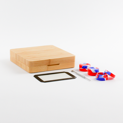 7"x7.5" Bamboo Rolling Tray Box Set | Dab Mat, 3 Wax Containers, Dab Tool | Magnetic Seal