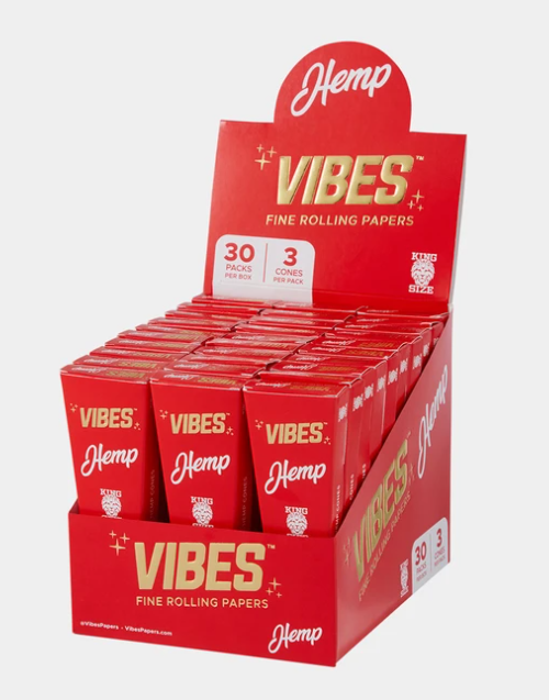 Vibes - Cones - Coffin - King Size - Hemp (red) - 30 Boxes Per Display 3 Cones Per Box Vibes - Cones - Coffin - King Size - Hemp (red) - 30 Boxes Per Display 3 Cones Per Box