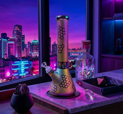 SirEEL - 14" Etched Image Iridized Beaker Bong with Flower Bowl, Assorted Designs & Colors (Generated with AI which can make mistakes)