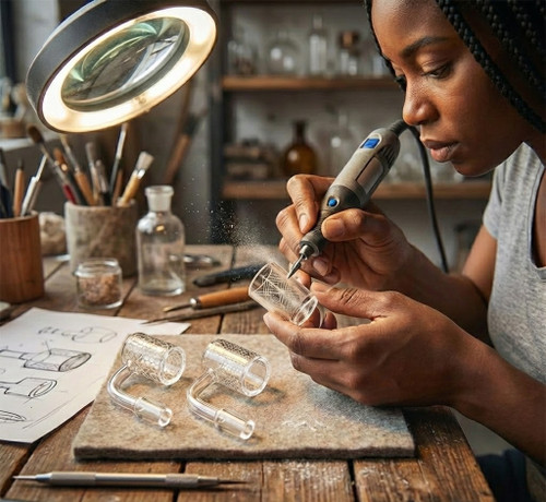 SirEEL - 12pc Etched Quartz Bucket Bangers, Assorted Designs, 14mm Male, Retail Packaging (Generated with AI which can make mistakes)