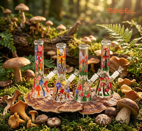 SirEEL - 10" Funky Fungi Beaker Bong with Flower Bowl, Assorted Mushroom Colors (Generated with AI which can make mistakes)