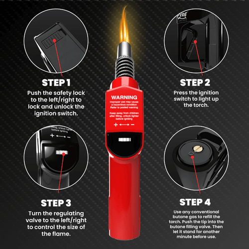 SMYLE Labs Gas Pump Torch instructional diagram showing safety lock, ignition, flame valve, and refill port.