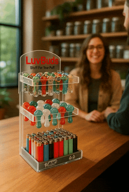 LuvBuds - POS Pipe Display, 100 Pipes and 100 Chillums Included, Retail Display (Generated with AI which can make mistakes)