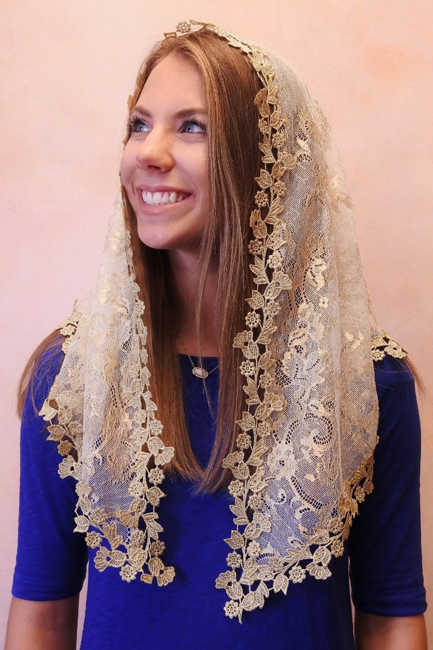 Evintage Veils Our Lady of the Lily Gold Embroidered Lace Chapel