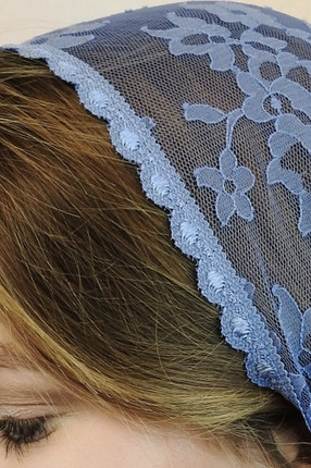 Marian Blue Starter veil up close detailed design with the delicate floral pattern making this petite infinity veil for girls or smaller women ideal.