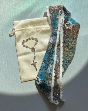 October Birthstone Bundle in Opal with Handheld Rosary, chapel veil bag and Our Lady of the Rosary Trinity Veil
