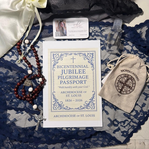 In the Pilgrimage package, choose one starter veil in the color of your choice. In addition, you will also receive a chapel veil bag , a rosary, a St. Louis Medal, and custom holy water bottle with a  printed Pilgrimage Passport.  Complete the Pilgrimage Package and receive 20% off one veil in the new St. Louis Collection, or receive 50% OFF when you purchase the entire St. Louis Collection! 