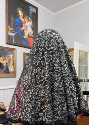 The Marianist Rose in  Black and Silver Catholic Mass Mantilla Veil : The lush, woven rose motif stands out beautifully against the delicate netting, creating a stunning visual texture.