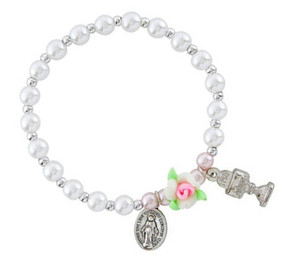 beautiful girls pearl bracelet with silver spacer beads, Our Lady, Rose, and Eucharist detail 