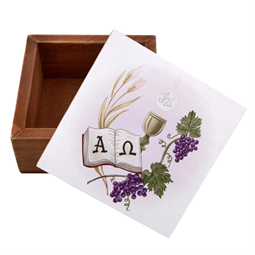 Two piece keepsake box for sacramentals.  Full-color art of chalice and host, grapes and wheat and liturgy book.