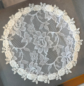 Small Circle Rosebud in White with Ivory Trim