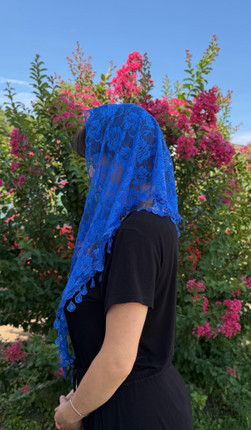 Facebook Live Sale Wednesday at 12:15pm CST: "Queen of Heaven" 59"x20" ornate triangle in royal blue. A regally divine chapel veil.
