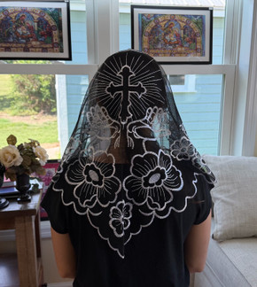 Holy Cross Devotional Veil in black with silvery white embroidery.