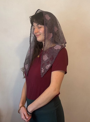 Advent Rose Triangle Veil in light purple and blush fabric with plum starter trim. 