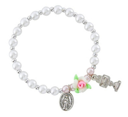beautiful girls pearl bracelet with silver spacer beads, Our Lady, Rose, and Eucharist detail 