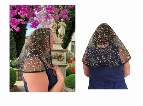 "His Abiding Love" D-Shaped Leaf Embroidery Veil in Black and Gold
