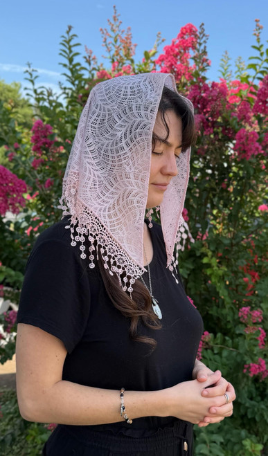 Handcrafted by our seamstress, Jamie, Jamie's Joy is a beautiful combination of a soft pink swirl fabric and our Chinese Blossom trim. This beautiful, unique veil is one of a kind. Featured on a previous Facebook Live, this one veil could be yours.