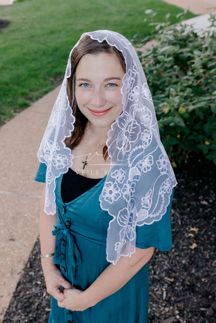 Mother and Child Devotional Veil in light blue with model showing the front drape and framing.
