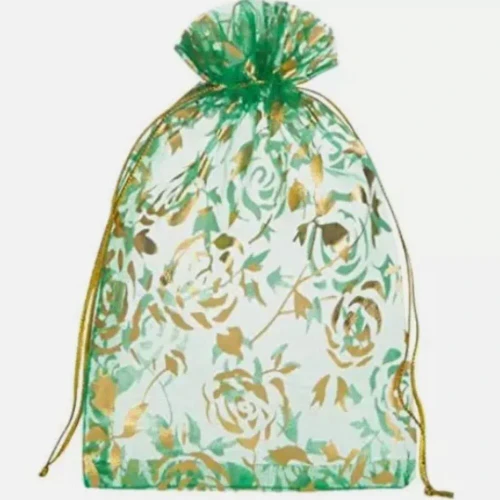 Green and Gold Sheer Organza Bag. This dark green mesh bag with glittering roses is a beautiful gift giving piece. 