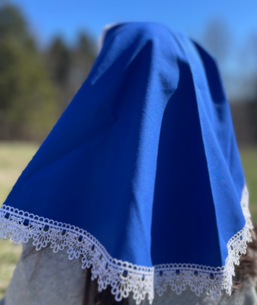 Our Lady of Lourdes in Royal Blue with White Trim. This beautiful Lazarus Veil did not meet First Quality inspection. 