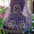 Close-up detail of the Mother and Child Devotional Veil in purple and gold, highlighting the central embroidered motif.