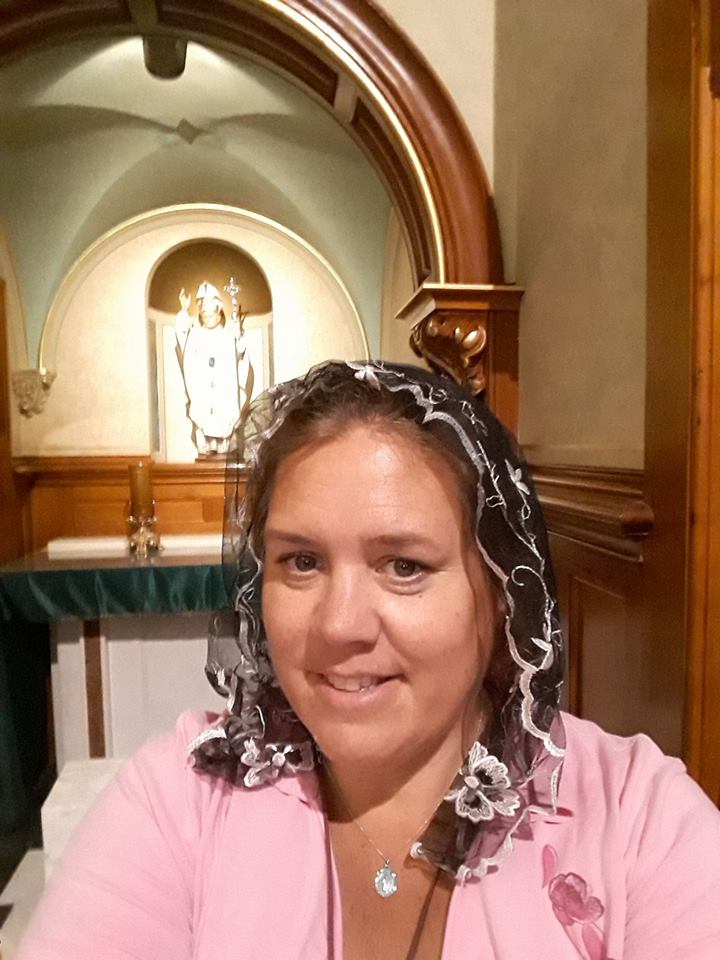 Michelle in her Spanish Simplicity Mantilla (Small) at the Shrine Michelle in her Spanish Simplicity Mantilla (Small) at the Shrine