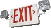 Illumination
Long lasting, efficient ultra-bright white LEDs.
High-performance chrome-plated metalized reflector and polycarbonate lens for optimal light distribution.
Adjustable LED lamp heads provides optimal center-to-center spacing. Optional high-lumen heads are available for increased center-to-center spacing.
Long-lasting, energy efficient Red or Green LED exit sign.

Electrical
Dual 120V/277V voltage.
Charge rate/power “ON” LED indicator light and push to test switch for mandated code compliance testing.
Long-life, maintenance-free, rechargeable NiCd battery.
Internal solid-state transfer switch automatically connects the internal battery to LED board and LED lamp heads for minimum 90-minute emergency illumination.
Fully automatic solid-state, two-rate charger initiates battery charging to recharge a discharged battery in 24 hours.

Mounting
EZ-snap thermoplastic mounting canopy included – provides top, or back mount.

Housing
Injection-molded, engineering-grade, 5VA flame retardant, high-impact, thermoplastic in white or black finish.

Warranty/Listing
Five year warranty on all electronics and housing. Batteries pro-rated for five years.
UL listed for damp locations (0°-40°C/32°F-104°F standard).
Meets UL924, NFPA101 Life Safety Code, NEC, OSHA, Local and State Codes.
