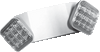 Illumination
Long lasting, efficient ultra-bright white LEDs.
High-performance chrome-plated metalized reflector and polycarbonate lens for optimal light distribution.
Adjustable LED lamp heads provides optimal center-to-center spacing. Optional high-lumen heads are available for increased center-to-center spacing.

Electrical
Dual 120V/277V voltage.
Charge rate/power “ON” LED indicator light and push to test switch for mandated code compliance testing.
Long-life, maintenance-free, rechargeable NiCd battery.
Internal solid-state transfer switch automatically connects the internal battery to LED lamp heads for minimum 90-minute emergency illumination.
Fully automatic solid-state, two-rate charger initiates battery charging to recharge a discharged battery in 24 hours.

Mounting
Surface mount via quick-connect back plate; fits most standard size junction boxes and snaps into place to make internal electrical connections.
Conduit mount knockout on top of housing.
Suitable for wall or ceiling mount.

Housing
Injection-molded, engineering-grade, 5VA flame retardant, high-impact, thermoplastic in white or black finish.

Warranty/Listing
Five year warranty on all electronics and housing. Batteries pro-rated for five years.
UL listed for damp locations (0°-50°C/32°F-122°F standard).
Meets UL924, NFPA101 Life Safety Code, NEC, OSHA, Local and State Codes.