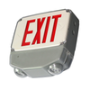 WET LOCATION ALL LED EXIT & EMERGENCY POLYCARBONATE COMBO VCWLEZXTEU
 
Long lasting, efficient, ultra bright white LED lamp heads.
3.6 watt (3 LEDs x 1.2 watt) per head.
Adjustable LED lamp heads provide optimal center-to-center spacing.
Long-life, energy efficient Red or Green LED EXIT sign illumination.
Dual 120V/277 voltage.
Unique bi-color LED indicator light alerts occupant on battery condition (Green-normal, Red-check battery).
6V long life, maintenance free, rechargeable NiCd battery.
Internal solid-state transfer switch automatically connects the internal battery to LED board and LED lamp heads for minimum 90-minute emergency illumination.
Fully automatic solid-state, two rate charger initiates battery charging to recharge a discharged battery in 24 hours.
Die-cast aluminum mounting canopy included for top or end mount
Universal knockout pattern on back plate for wall mount.