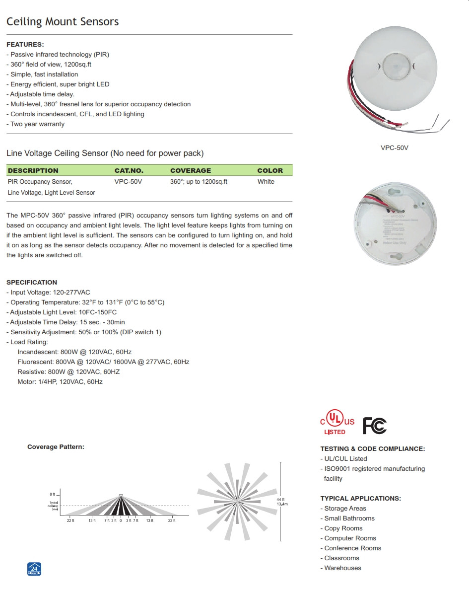VPC-50V Line Voltage Ceiling Mount Sensor-Passive Infrared (PIR), 360 Degree, Adjustable Time Delay, for Incandescet, CFL and LED Lighting (VPC-50V)