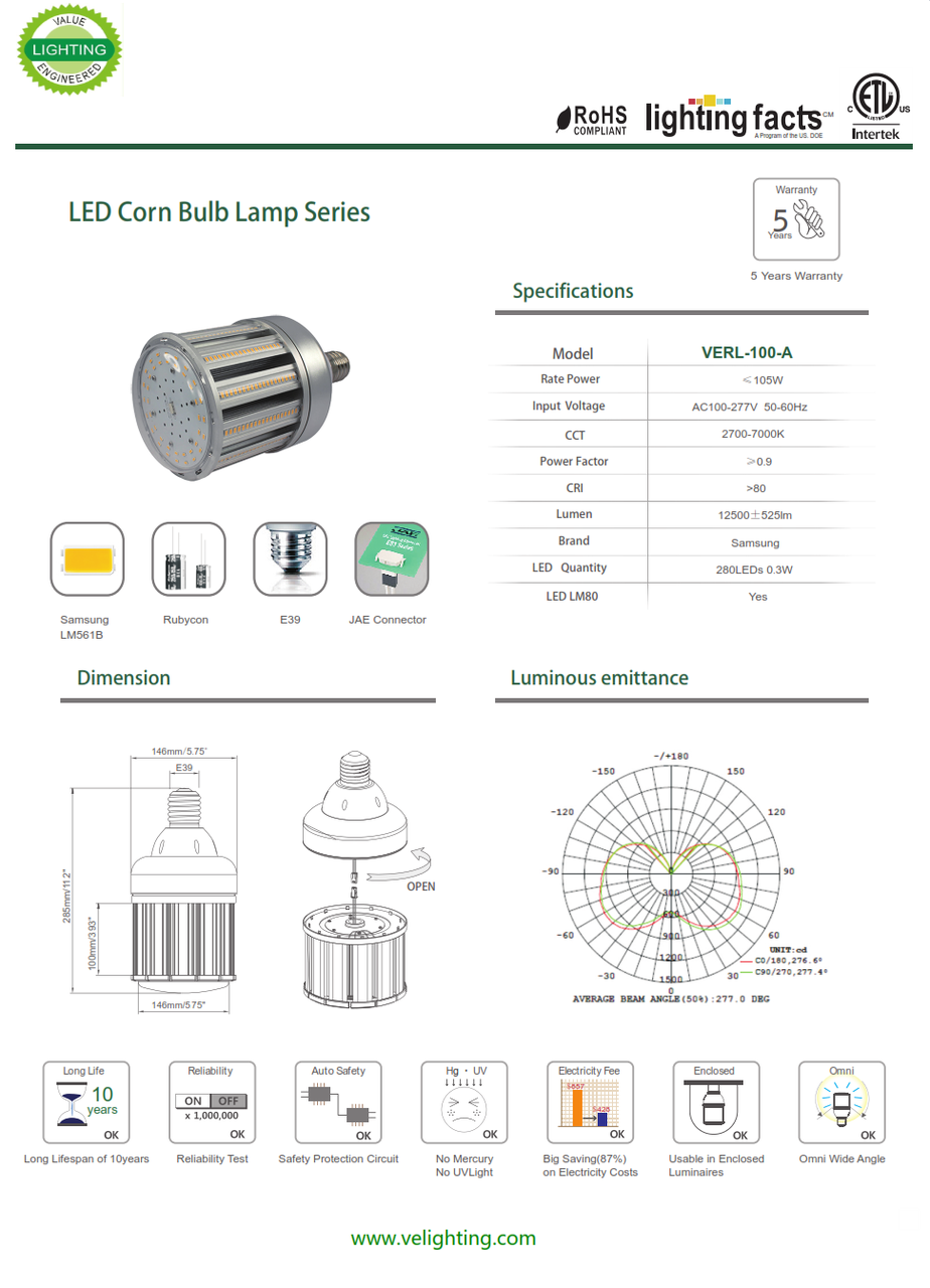 VERL-100W  100w LED Retrofit Lamp equivalent to 250 watt Metal Halide