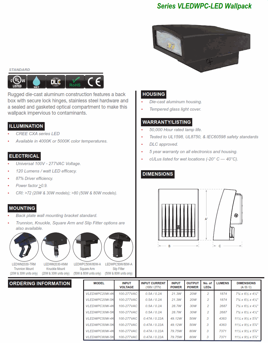 L.E.D. Versatile Wallpack-20 through 80 watt (Rugged die-cast aluminum construction features a back box with secure lock hinges, stainless steel hardware and a sealed and gasketed optical compartment)