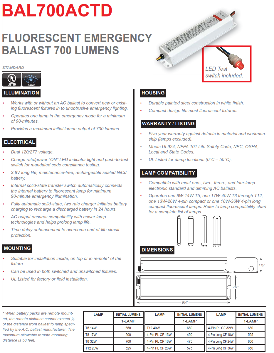 BAL700ACTD   700 Lumen Emergency Fluorescent Ballast, AC Output with Time Delay