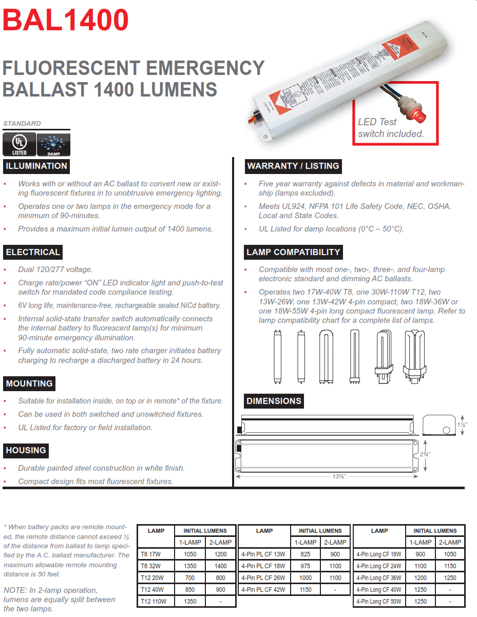 BAL1400   1400 Lumen Emergency Fluorescent Ballast