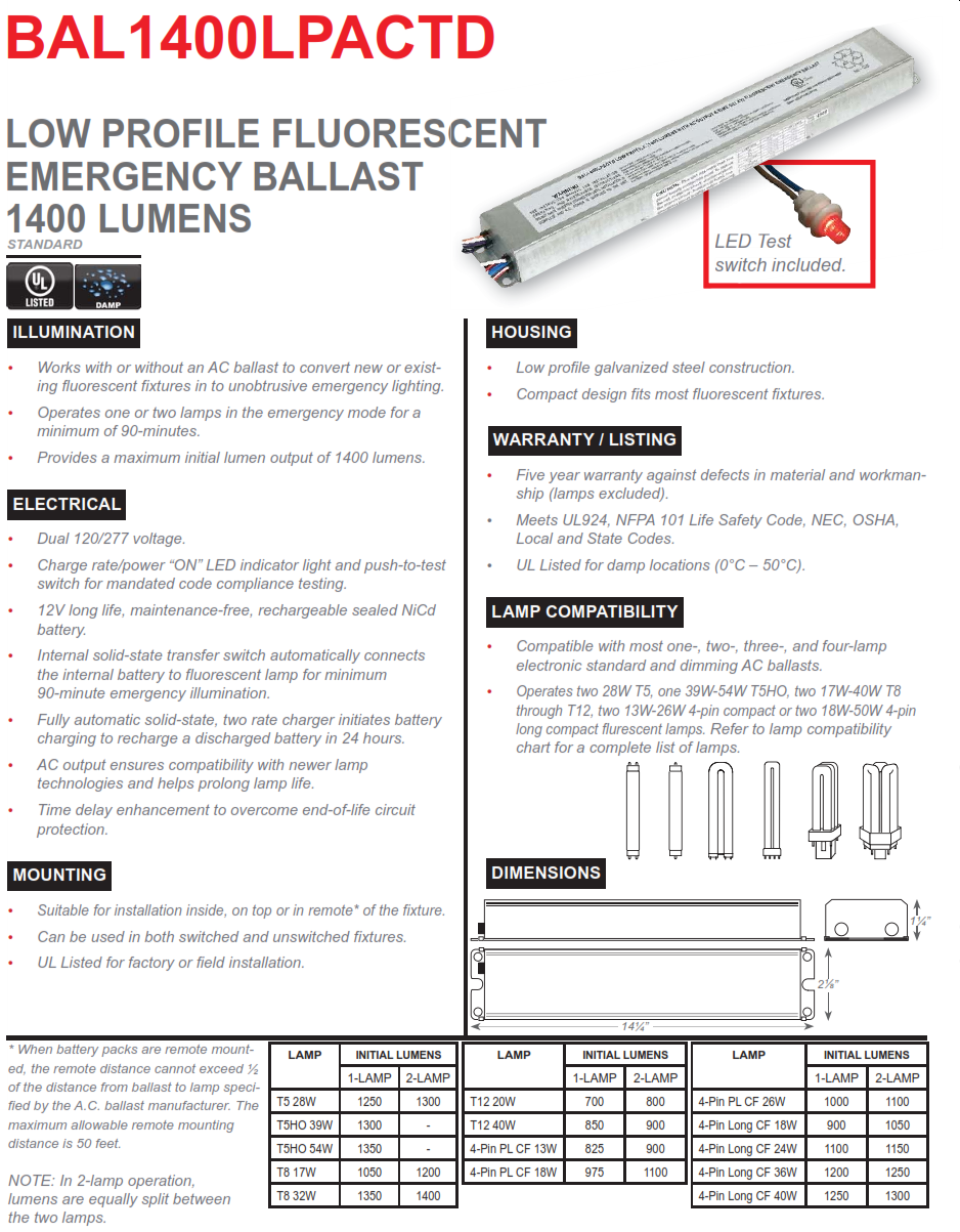BAL1400LPACTD   1400 Lumen Emergency Fluorescent Ballast, AC Output with Time Delay
