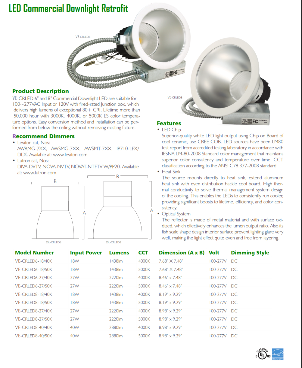 18 Watt 6 Inch L.E.D. Commercial Recessed Retrofit Trim-4000K temperature