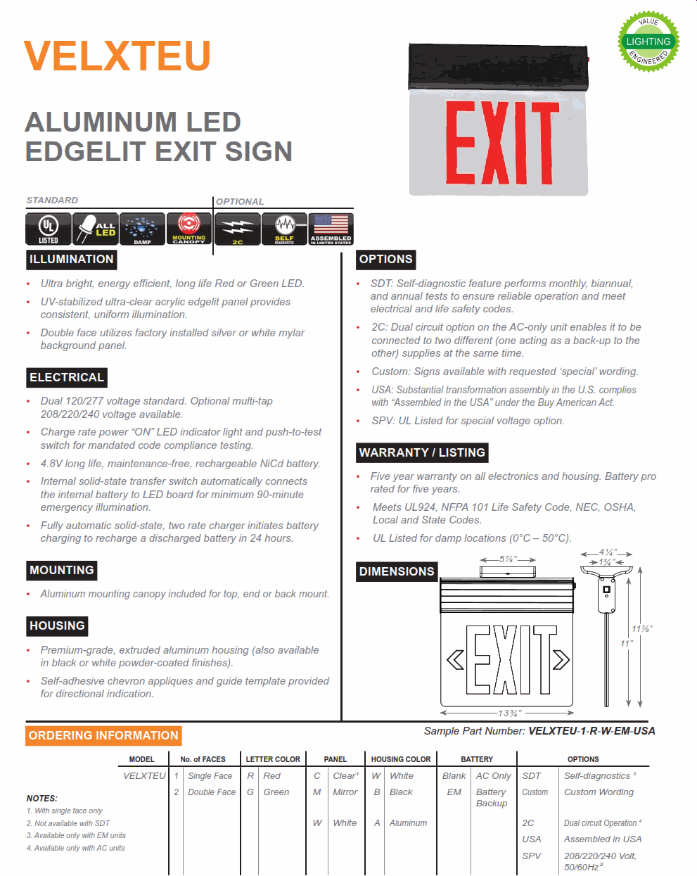 VELXTEU   Aluminum LED Surface Mount Edgelit Exit Sign