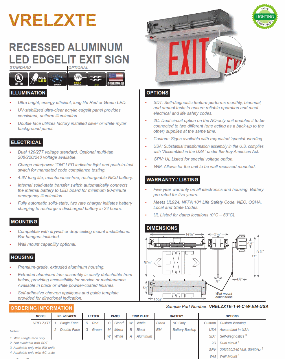 VRELZXTE   Recessed Aluminum LED Edglelit Exit Sign