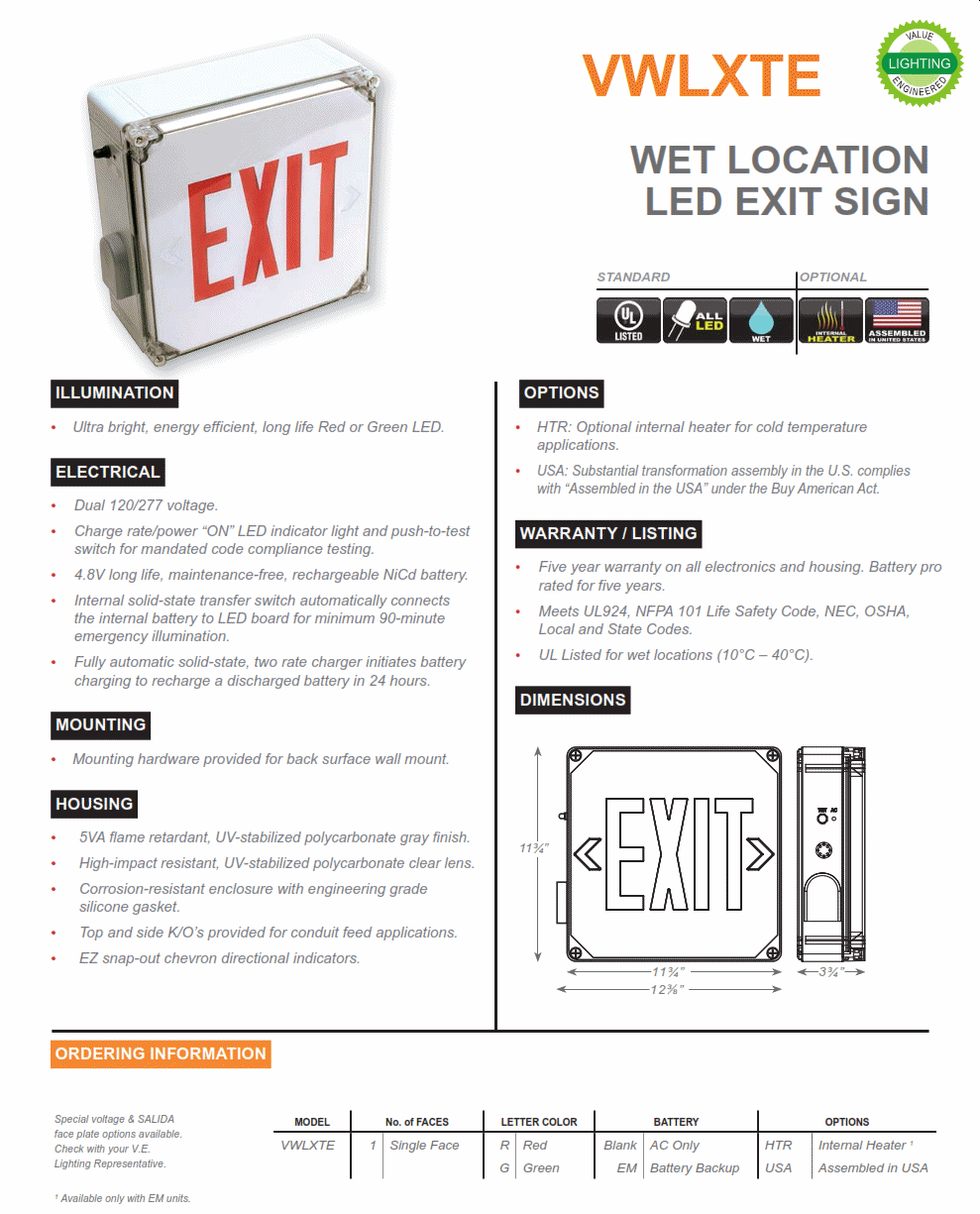 VWLXTE   Wet Location LED Exit Sign