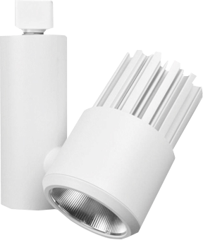 Body
Constructed of extruded aluminum, the body features an aesthetically pleasing smooth cylindrical shape. The body included a color matching aluminum heat sink at the back of the body in order to provide maximum heat dissipation.
Beam Spread 
The fixture is available in a variety of beam angles in order to satisfy any installation requirement.
Dimming 
The track fixture is dimmable when used with TRIAC dimming controls (Consult factory for compatible dimmers).
Adjustability 
Adjustable up to 180° tilt and 330° rotation to allow for spotlight into multiple directions.
LED Characteristics
High powered 34W CREE® LED chip maintains uniform intensity with a typical luminous flux up to 2295 lumens, making it a suitable replacement for 70W T4 and T6 CMH lamps; with a minimum CRI of 80. 3000 K nominal color temperature. Driver has a power factor of 0.9.
Compatibility 
Fixture is provided with A-Line connector which is compatible with Juno style track. For other connector configurations (Juno, Halo, Lightolier, etc), 
