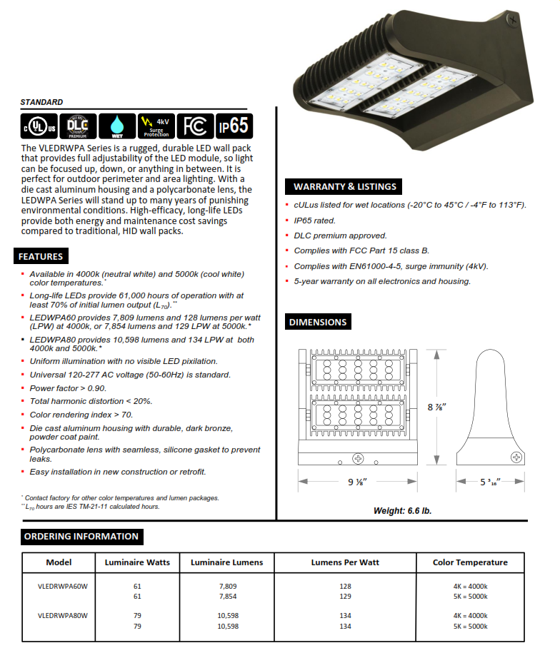 LED ADJUSTABLE WALL PACK 60  and 80 WATTS 4000K & 5000K - The LEDWPA Series is a rugged, durable LED wall pack that provides full adjustability of the LED module, so light can be focused up, down, or anything in between.